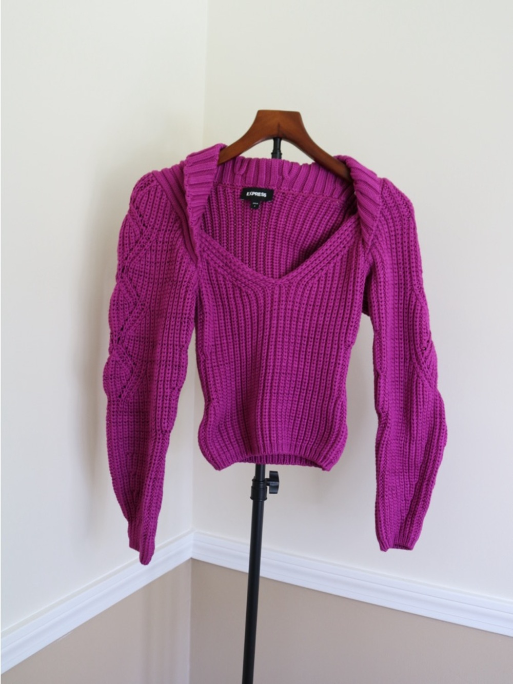 Express Women's Fuchsia V-Neck Chunky Cable Sleeve Sweater